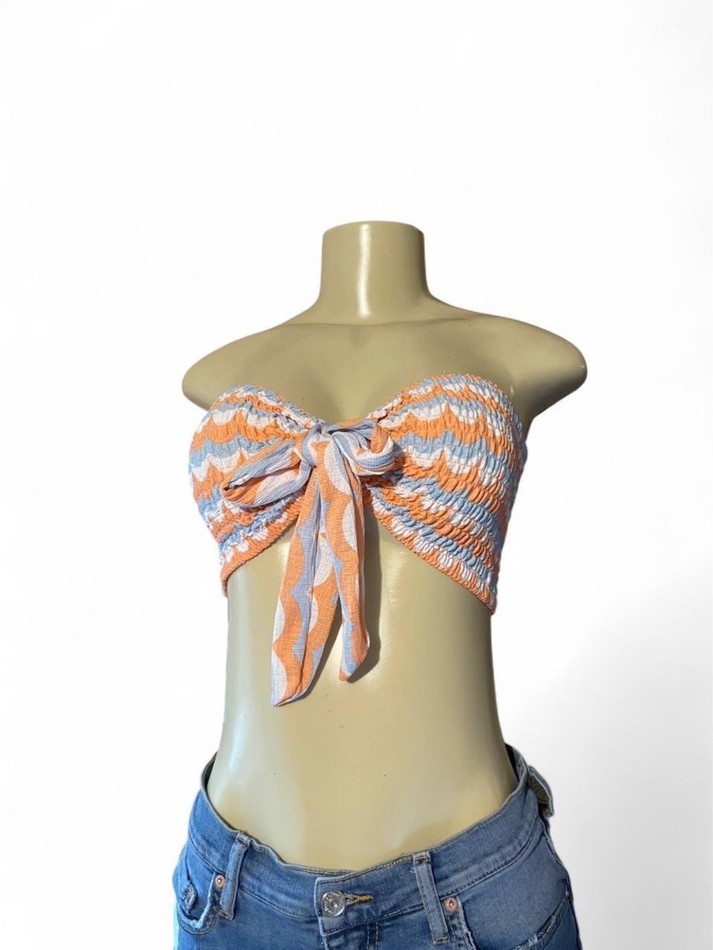 Striped Tie-Front Bandeau Top in Peach & White